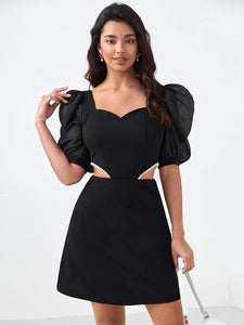 Black Sweartheart Pearl Puff Sleeve Cut Out Mini Dress