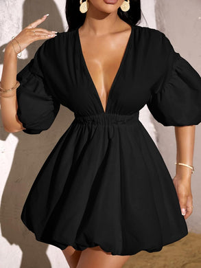 Sophisticated Black Puff Sleeve Deep V Mini Dress