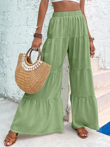 Boho Beige Ruffled Hem Wide Leg Pants