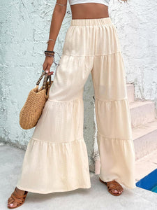 Boho Beige Ruffled Hem Wide Leg Pants