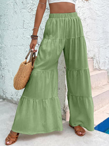 Boho Lime Green Ruffled Hem Wide Leg Pants