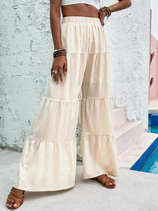 Boho Beige Ruffled Hem Wide Leg Pants