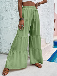 Boho Beige Ruffled Hem Wide Leg Pants