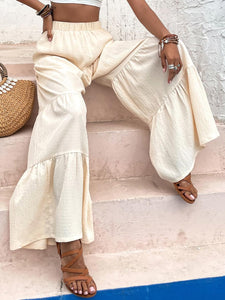 Boho Beige Ruffled Hem Wide Leg Pants