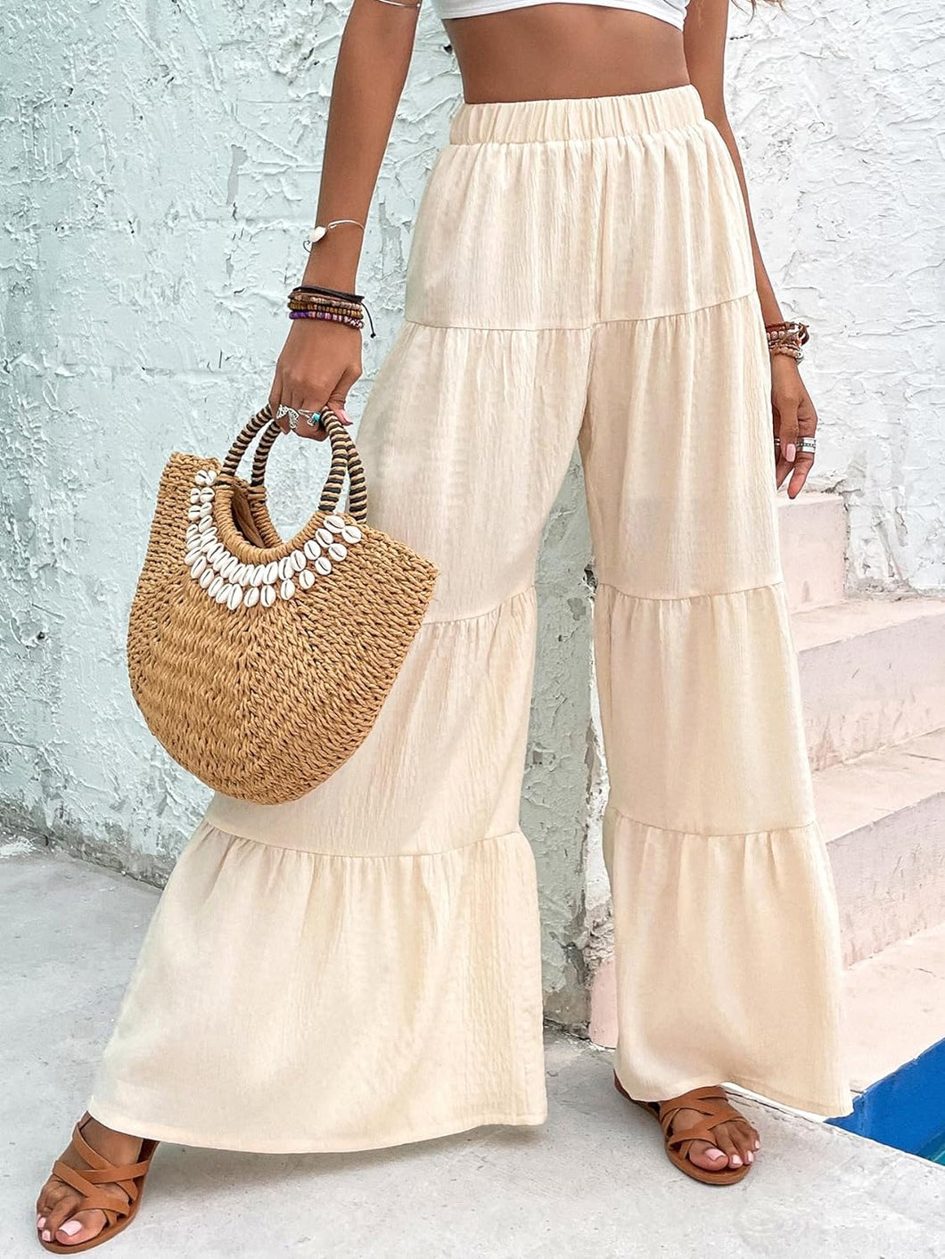 Boho Beige Ruffled Hem Wide Leg Pants