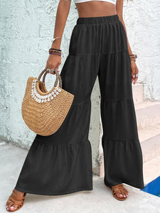 Boho Beige Ruffled Hem Wide Leg Pants