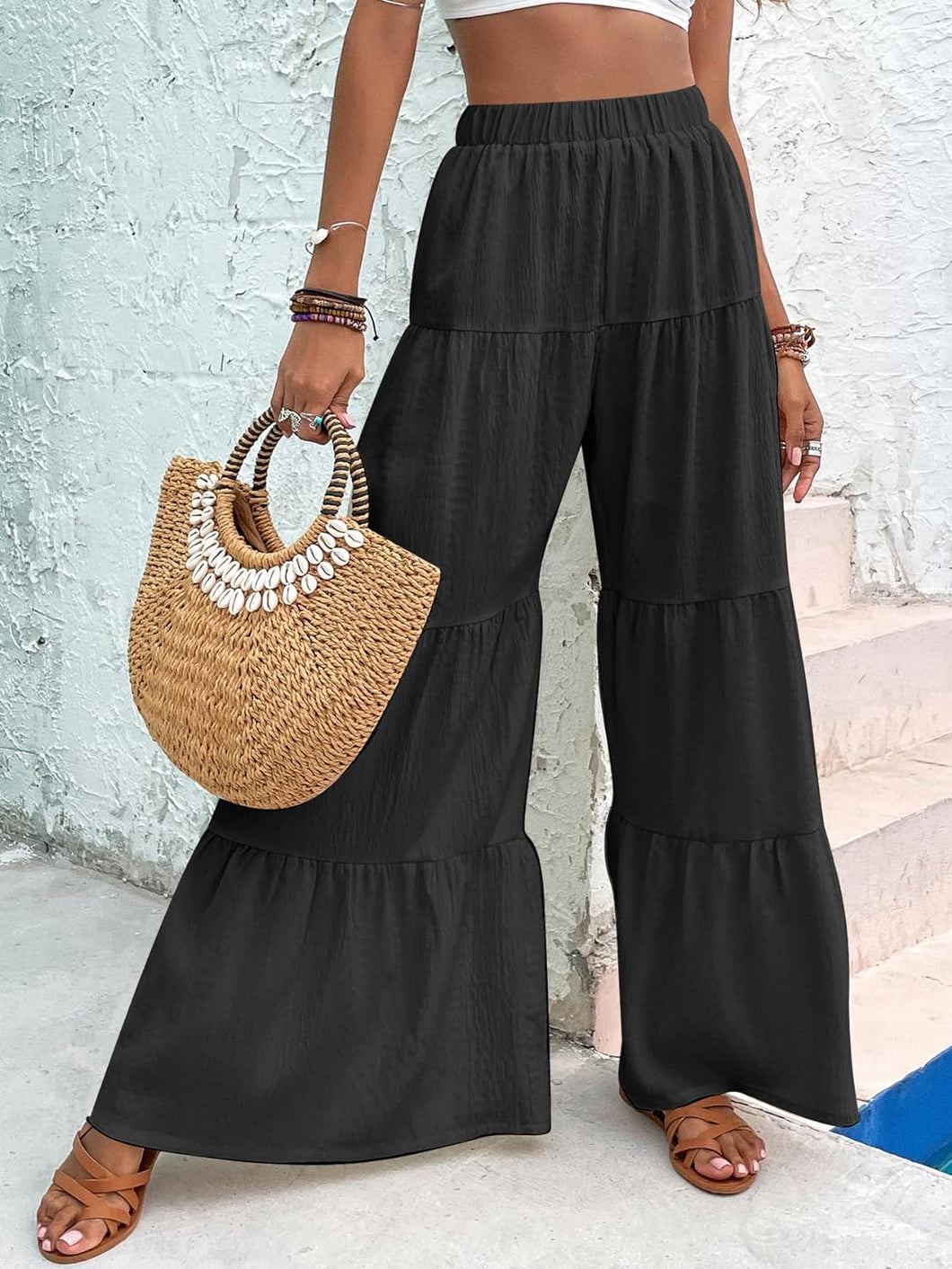 Boho Black Ruffled Hem Wide Leg Pants