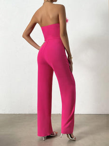 Strapless Pink Feathered Jumpsuit