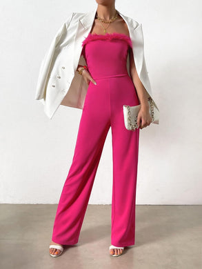Strapless Pink Feathered Jumpsuit