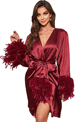 Beautiful Feathered Long Sleeve Satin Belted Night Time Robe