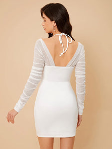 Pearl White Ruched Mesh Sleeve Mini Dress