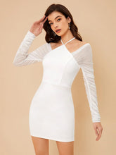 Load image into Gallery viewer, Pearl White Ruched Mesh Sleeve Mini Dress