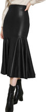 Load image into Gallery viewer, Black Ruffled Mermaid High Waist Faux Leather Midi Skirt