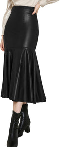 Black Ruffled Mermaid High Waist Faux Leather Midi Skirt