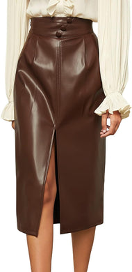 High Waist Chocolate Faux Leather Front Slit Midi Skirt
