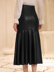 Black Ruffled Mermaid High Waist Faux Leather Midi Skirt