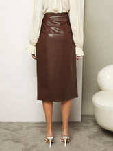Load image into Gallery viewer, High Waist Chocolate Faux Leather Front Slit Midi Skirt