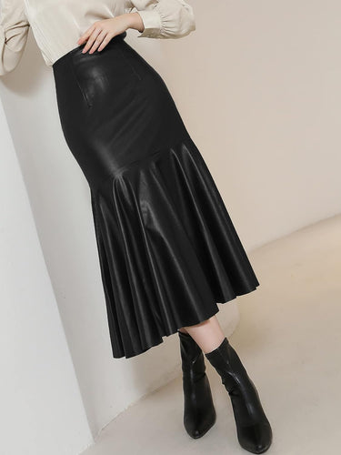 Black Ruffled Mermaid High Waist Faux Leather Midi Skirt