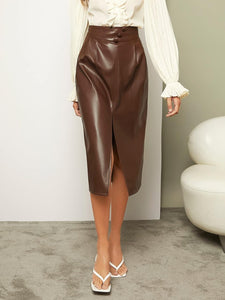 High Waist Chocolate Faux Leather Front Slit Midi Skirt