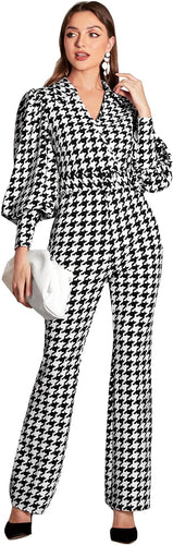 Black & White Houndstooth Puff Sleeve Jumpsuit