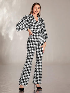 Black & White Houndstooth Puff Sleeve Jumpsuit