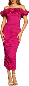 Ruffled Strapless Pink Bodycon Maxi Dress