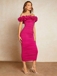 French Ruffled Pink Short Sleeve Ruched Midi Dress