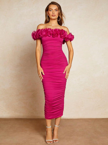 French Ruffled Pink Short Sleeve Ruched Midi Dress