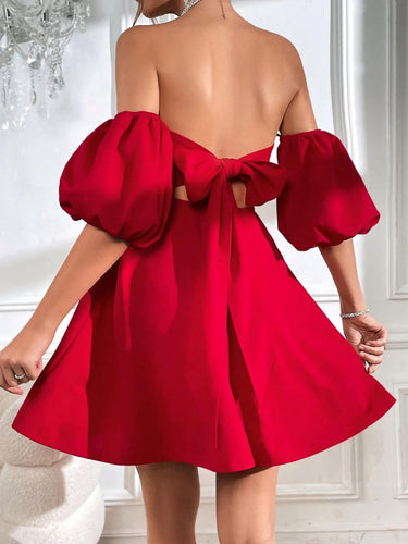 Pretty Puff Red Sleeve Strapless Flared Cocktail Dress