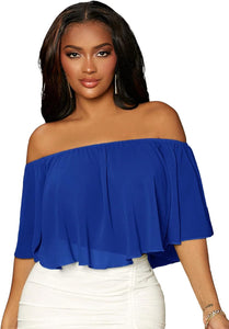 Chiffon Blue Off Shoulder Cropped Blouse