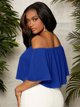 Load image into Gallery viewer, Chiffon Blue Off Shoulder Cropped Blouse