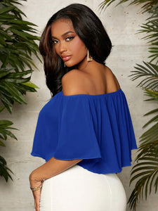 Chiffon Blue Off Shoulder Cropped Blouse