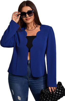 Plus Size Blue Scalloped Long Sleeve Blazer Jacket