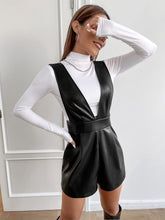 Load image into Gallery viewer, Black Faux Leather Sleeveless V Cut Romper
