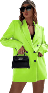 Neon Green Lapel Collar Double Breasted Blazer Jacket