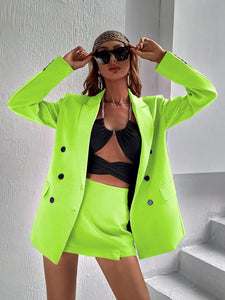 Neon Green Lapel Collar Double Breasted Blazer Jacket