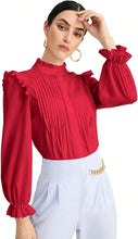 Load image into Gallery viewer, Oxford Style Red Long Sleeve Ruffle Pleated Blouse