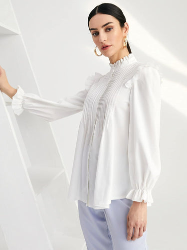 Oxford Style White Long Sleeve Ruffle Pleated Blouse