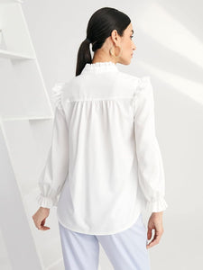 Oxford Style White Long Sleeve Ruffle Pleated Blouse