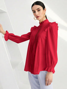 Oxford Style Dark Red Long Sleeve Ruffle Pleated Blouse