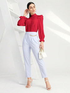 Oxford Style Red Long Sleeve Ruffle Pleated Blouse