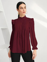 Load image into Gallery viewer, Oxford Style Dark Red Long Sleeve Ruffle Pleated Blouse