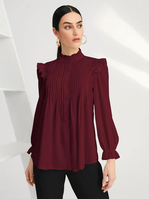 Oxford Style Dark Red Long Sleeve Ruffle Pleated Blouse