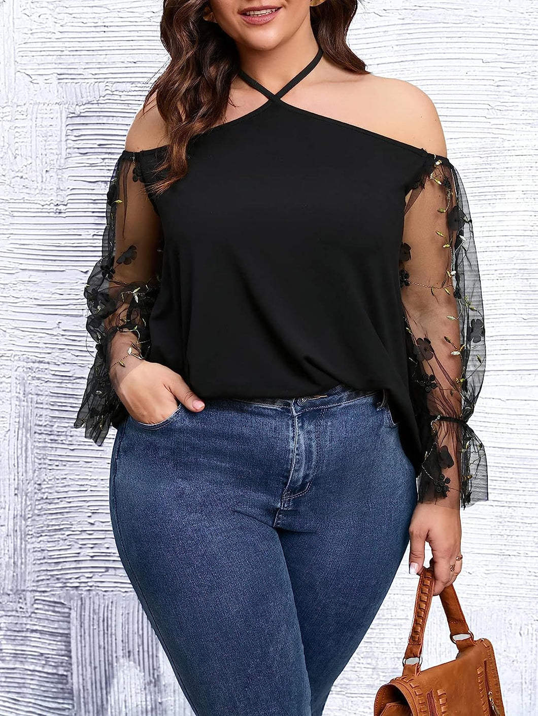 Plus Size Floral Mesh Long Sleeve Open Shoulder Top