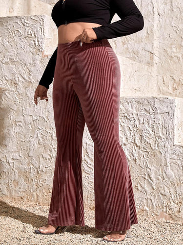 Plus Size Ribbed Knit Brown Flare Bell Bottom Pants