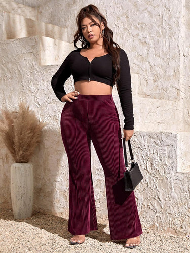 Plus Size Ribbed Knit Maroon Flare Bell Bottom Pants