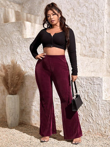 Plus Size Ribbed Knit Black Flare Bell Bottom Pants