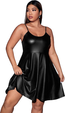 Plus Size Faux Leather A Line Sleeveless Dress