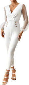 White Mesh Sleeve Button Front Jumpsuit