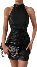 Load image into Gallery viewer, Sparkling Sequin Black Halter Mini Dress